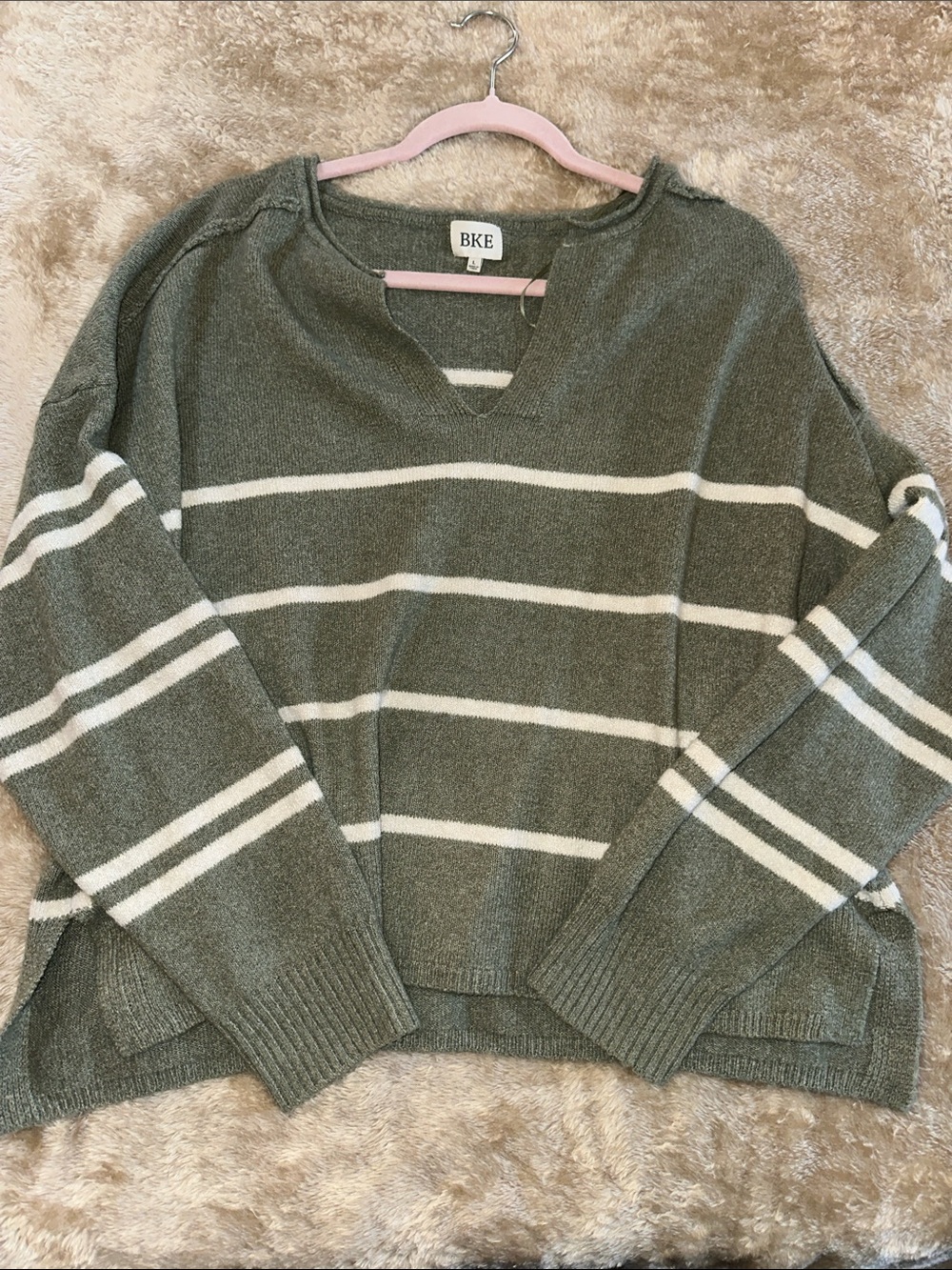 BKE Olive Green & Cream Striped V-Neck Pullover